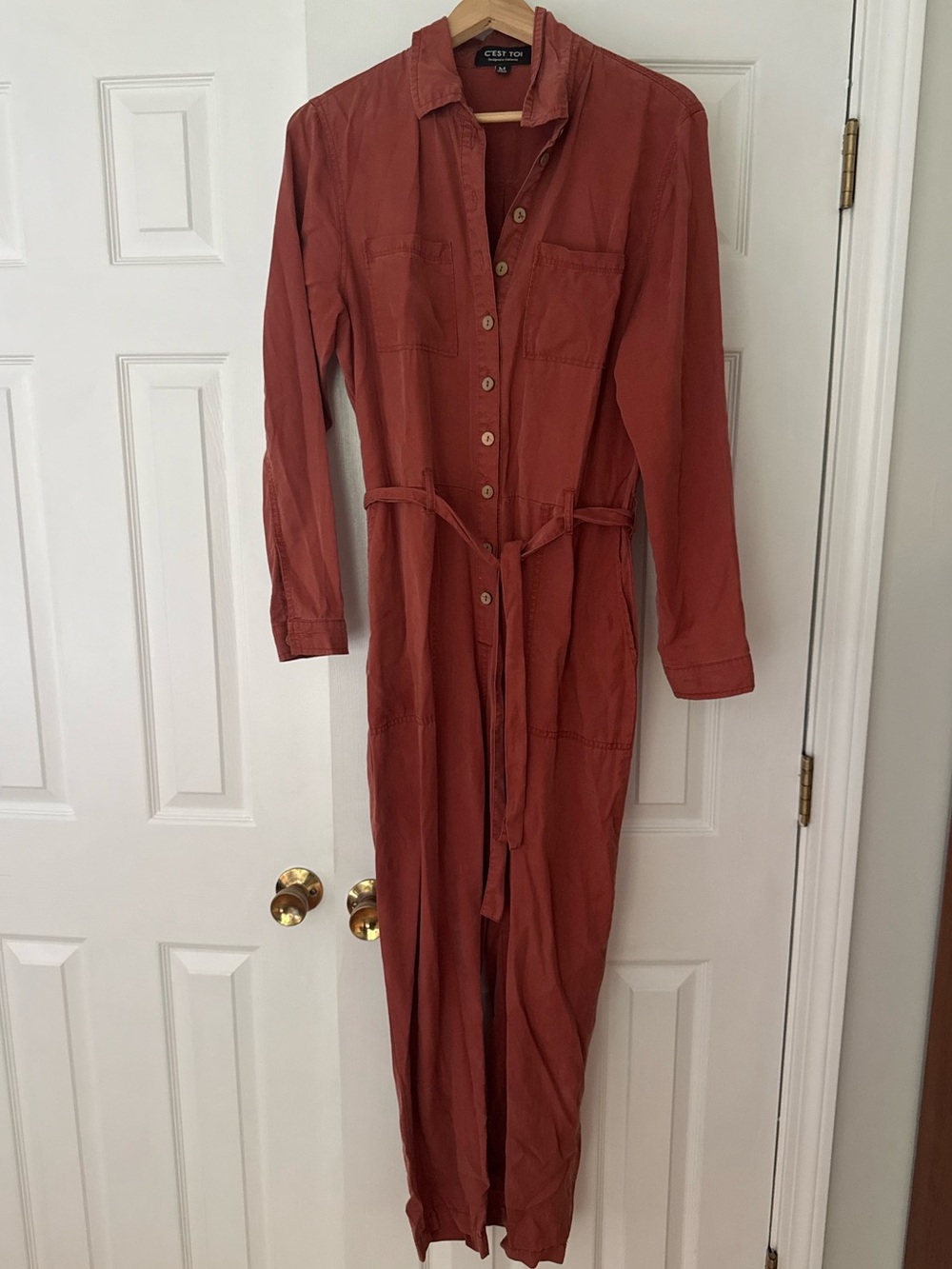 100% tencel lightweight rust colored long sleeve jumpsuit